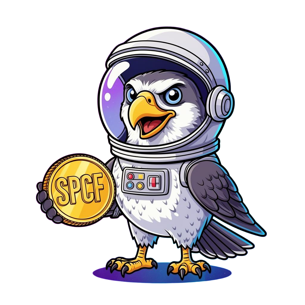 SpaceFalcon astronaut mascot holding $SPCF coin